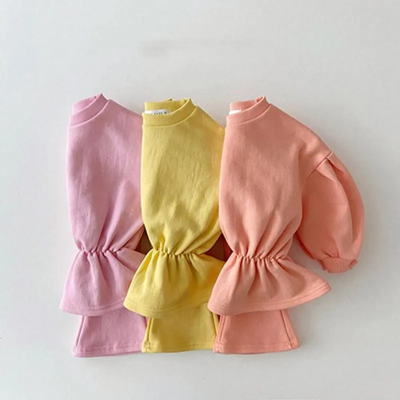 Clothing Sets Autumn Korean Children's Suit Girls Lantern Sleeve Sweater Fashion Waist Sports Top Flared Pants Kids Tracksuit SetClothin