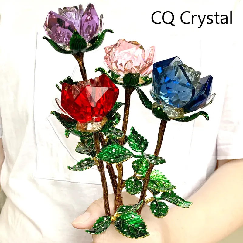 Cristal Verre Rose Fleur Figurines Artisanat Mariage Saint Valentin favorise Cadeaux Table Décoration Ornements En Boîte 4 couleurs Y200106