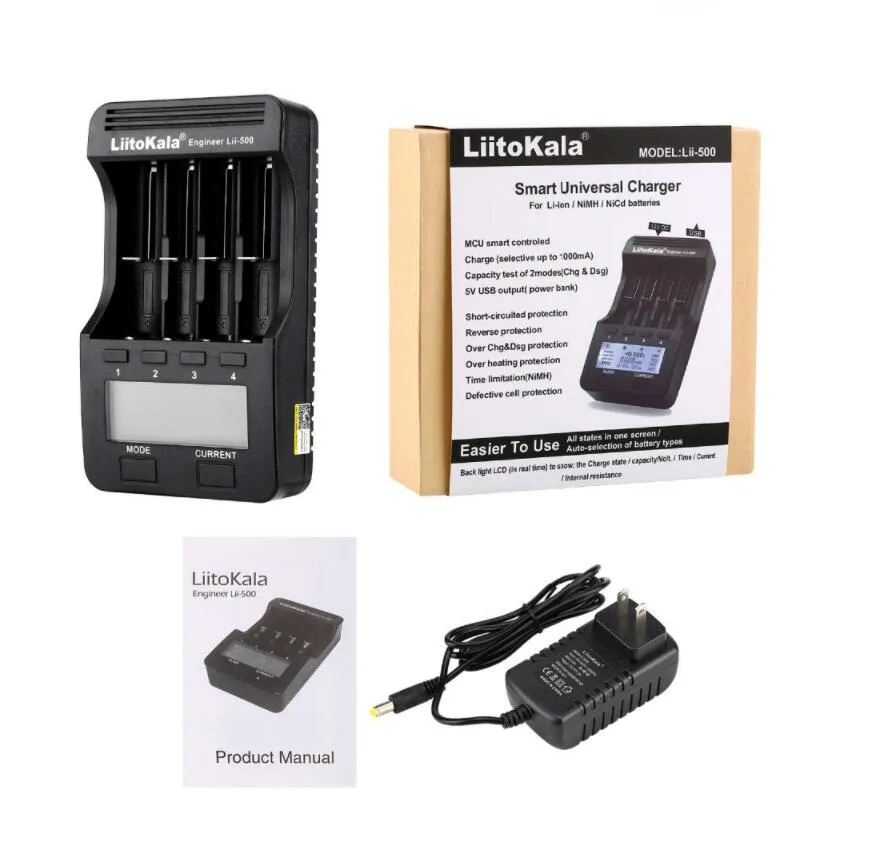 Liitokala Lii-500 Li-ion batterij-opladers voor 3.7V / 1.2V AA / AAA 18650/26650/16340/14500/10440/18500 Batterijen met LCD-display 4 Slot + 12V2A-adapter + autolader