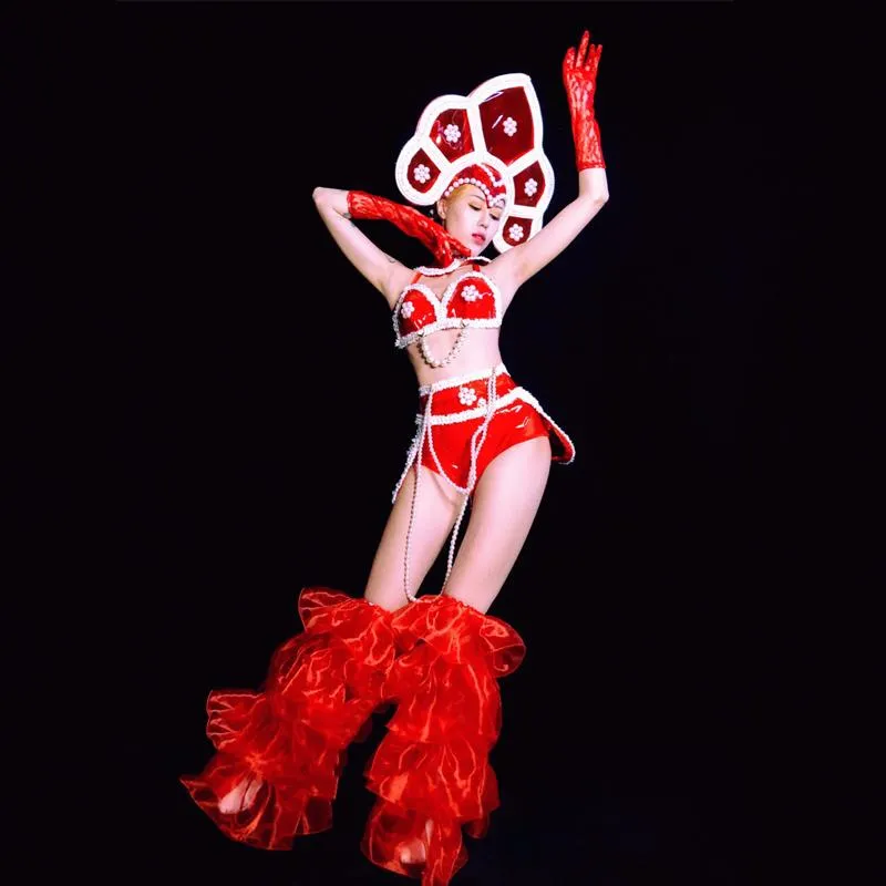 ステージウェアウーマンのためのハロウィーンフェスティバルパーティーの衣装セクシーな赤いビキニスーツパールチェーンナイトクラブポール/ジャズダンス衣料