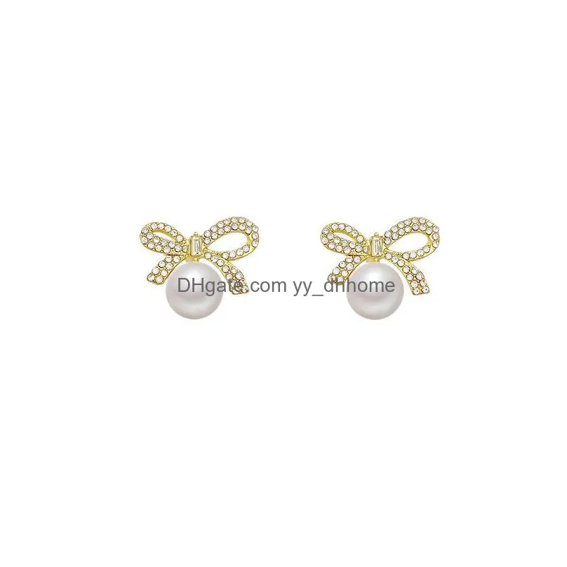 fashion jewelry s925 silver needle stud earings for women rhinestone bowknot faux pearl earrings