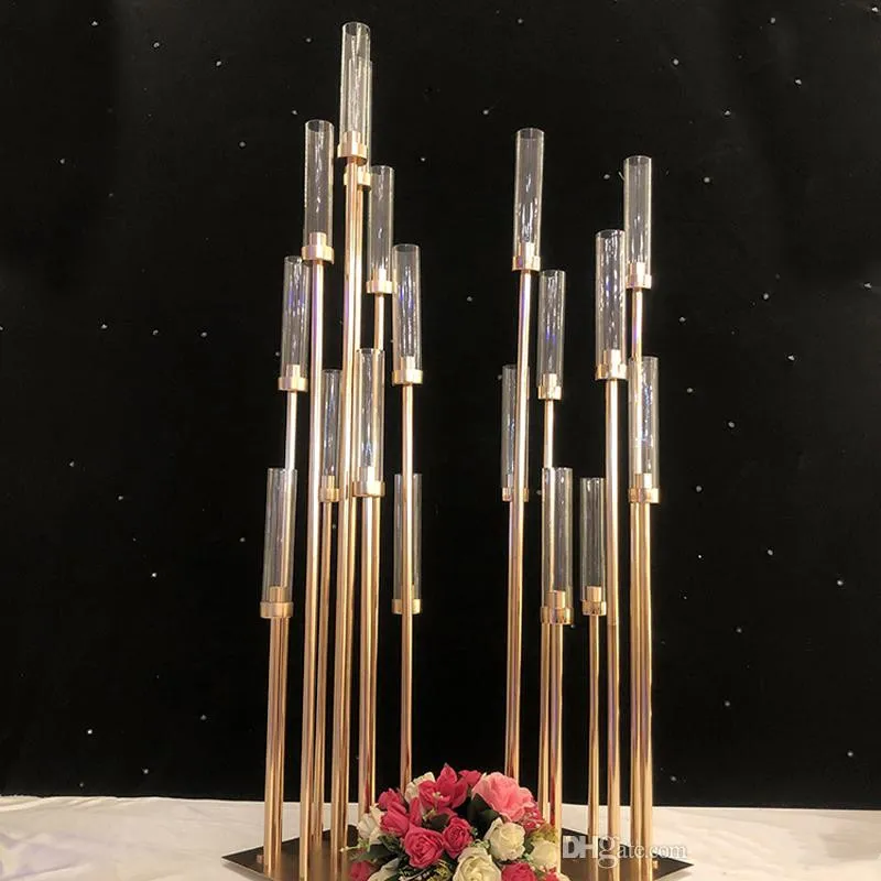 Bloemen vazen ​​8 hoofden kaarsenhouders achtergronden weg lood rekwisieten tafel middelpunt gouden metalen standaard pilaar kandelaar voor bruiloft candelabra