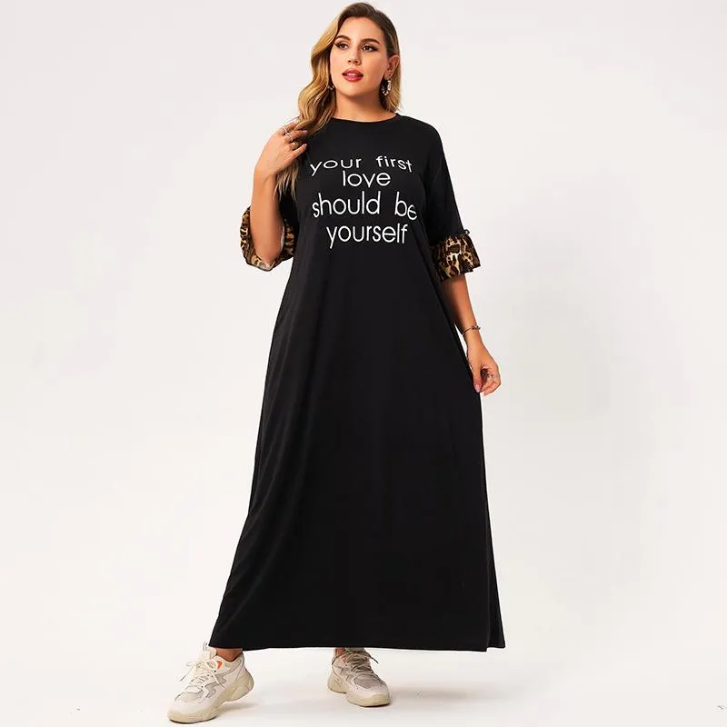 Plus Size Jurken Zomerjurk Dames 2022 Zwart O-hals Leopard Splicing Half Mouwen Letter Printing Losse Casual Sport