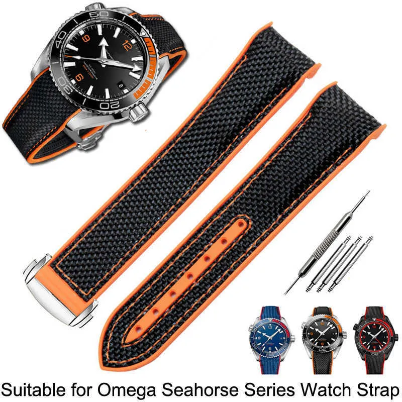 오메가 300 Seamaster 600 Planet Ocean Folding Buckle Silicone Nylon Strap Watch 액세서리 시계 밴드 체인