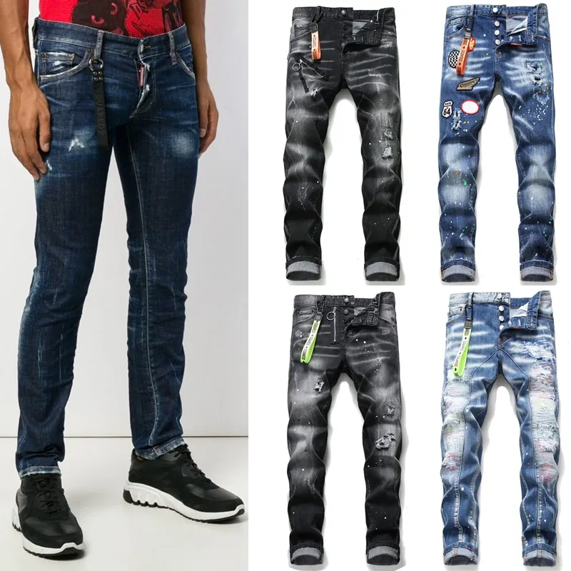 Porte-clés Moto Jeans hommes en détresse jambes minces fondu Vintage Denim pantalon hommes