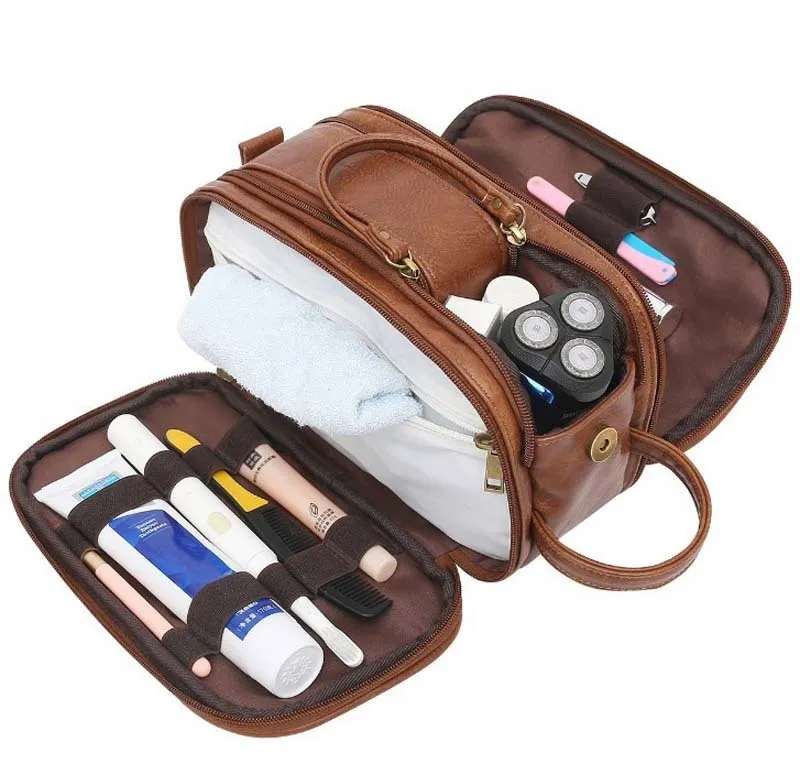 Mannen Reizen Toilettas Scheren Dopp Kit Opbergtas Waterdichte Badkamer Toiletartikelen Organizer PU Leer Cosmetische Zakken 220421