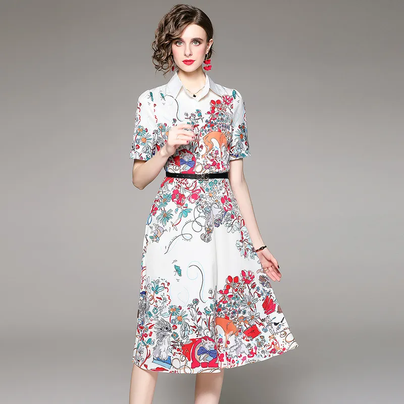 2023 Summer Shirt Neck Party Floral Dress Donna Designer manica corta monopetto Slim svasato A-Line Abiti Runway Abbigliamento donna Bianco Slim Midi Frock con cintura