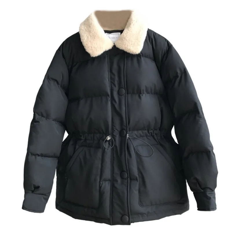 Kvinnor Winter Parka Down Jacket Varm solid lös koreansk bomull Causal Bröd Kort kappa Kvinnliga dragsko midja Toppar Blusar 201126