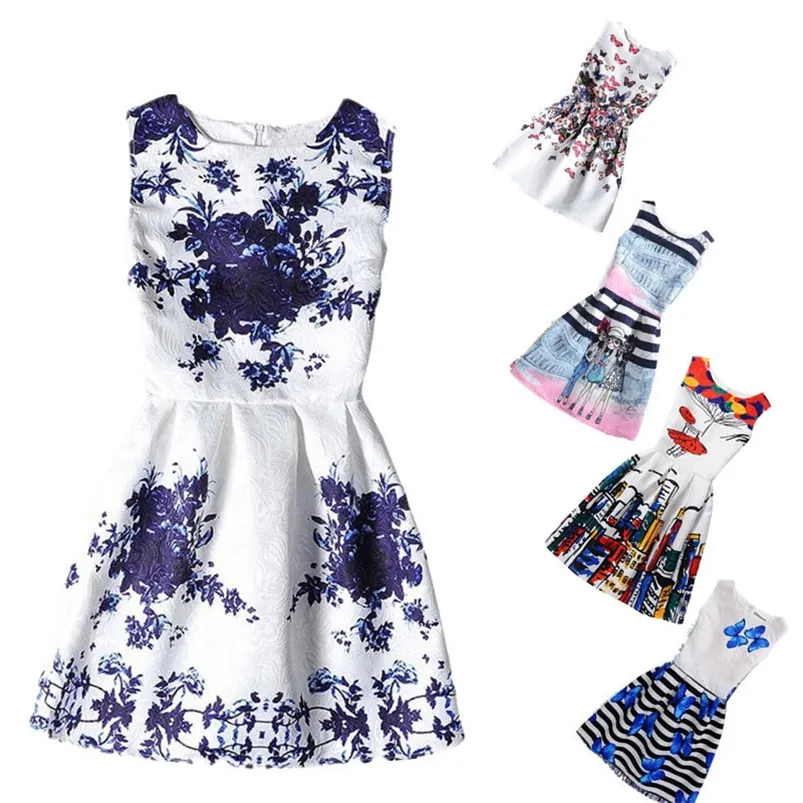 Summer Kids Dresses For Girl Butterfly Floral Printed Sleeveless casual Girl Dresses Age 6 8 9 10 11 12 16 Year Party Dress 220324