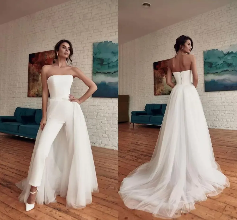 Fashionable Unique Simple Plus Size Jumpsuits Wedding Dress Bridal Gowns with Detachable Train Strapless Ankle Length Formal Jumpsuit Dresses Custom Made BES121