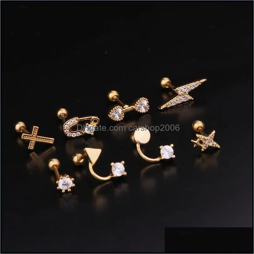 stainless steel cz cartilage earring creative geometric cross heart pin lightning helix tragus rook conch piercing jewelry