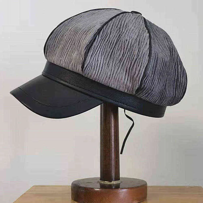 Mode vinter hattar för kvinnor pu läder åttkantiga tidningar pojkar hatt sammet damer casual visor basker hatt kvinnlig varm målare cap j220722