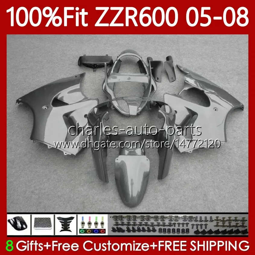 Injection Silver grey Mold Bodys For KAWASAKI NINJA 600CC ZZR600 05 06 07 08 Bodywork 134No.29 100% Fit ZZR-600 600 CC 05-08 ZZR 600 2005 2006 2007 2008 OEM Fairings Kit