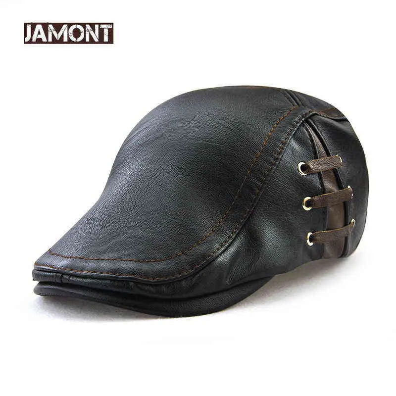 Jamont Fashion Pu Leather Caps Windproof Man Beret Bandage Hat Spring Flat Pet Pet Lace Band Boina Masculina J220722