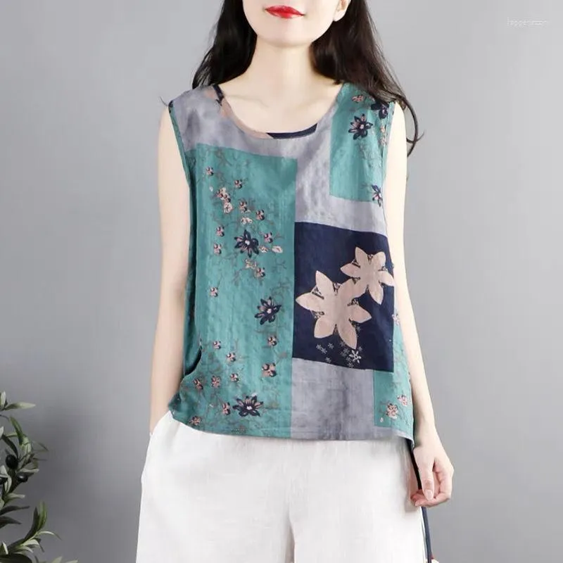 Ropa ￩tnica estampado floral estilo chino chino chaleco top algod￳n y lino mujeres retro casual verano g412 ￩tnico
