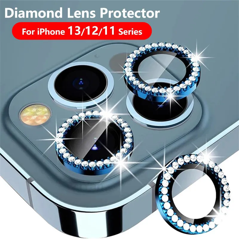 Protector de lente de cámara con purpurina de diamante para iPhone 14 13 12 11 Pro Max Mini anillo de Metal lente 9H vidrio templado iPhone13 cubierta protectora