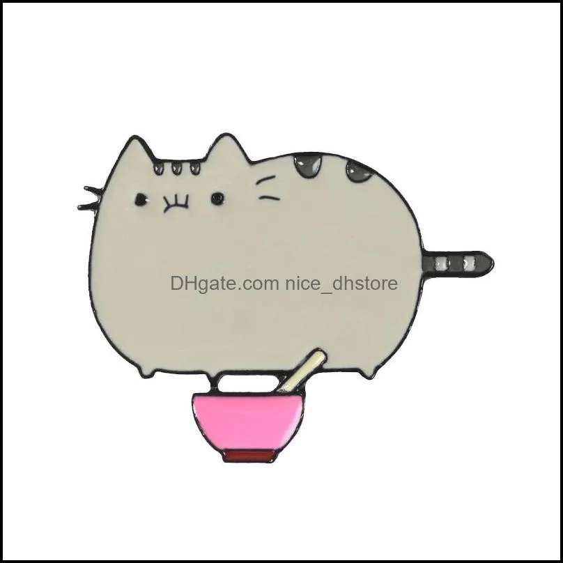 creative cartoon animal cat eating noodle enamel brooch alloy badge shirt bag pins accessories women jewelry gifts for friends