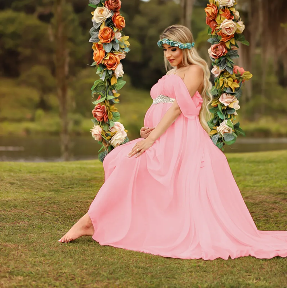 Fotografía de la fotografía de maternidad para el vestido de boda largo vestido de algodón Embarazo de fantasía Foto de tiro de lujo que se arrastra fuera del hombro Ropa embarazada 2022