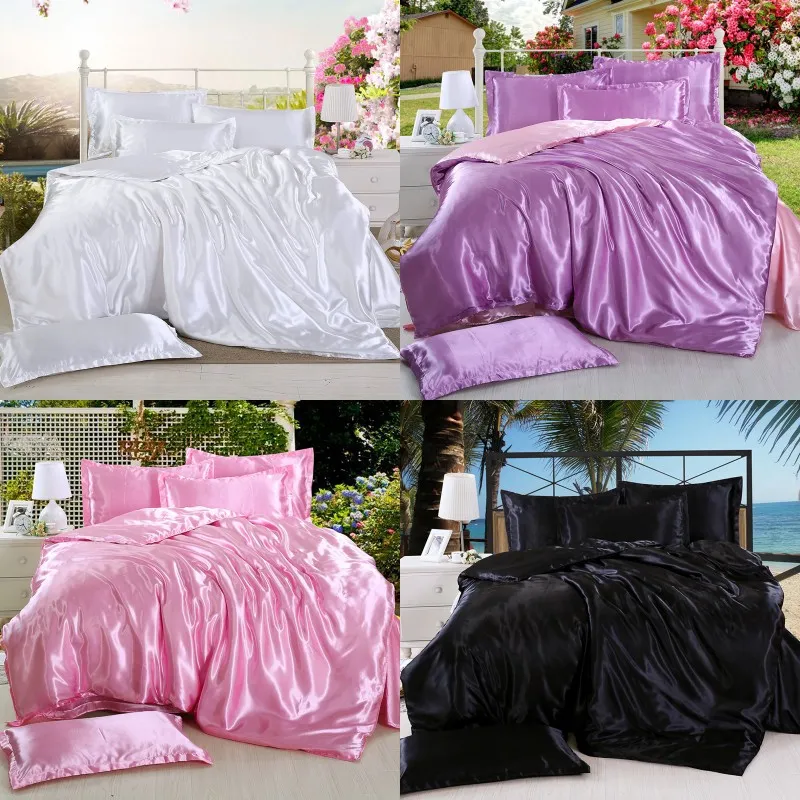 God kvalitet satin siden sängkläder sätter platt fast färg drottning king size 4st täcke täcker platt kudde kudde twin size1 737 r2