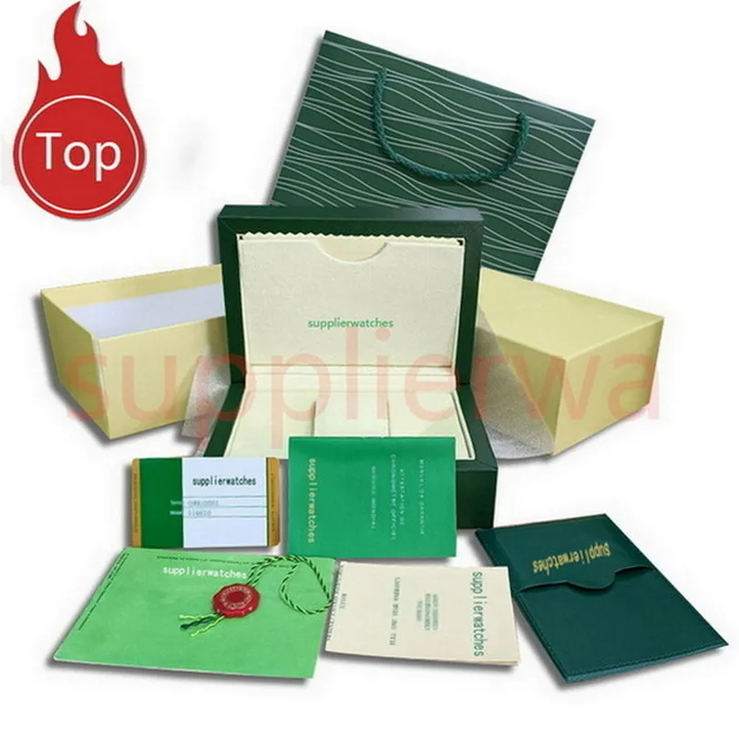 Caixas de luxo designer de alta qualidade caixa de relógio verde escuro caixa de presente amadeirada para relógios Rolex livreto cartão etiquetas e documentos em inglês caixas de relógios suíços