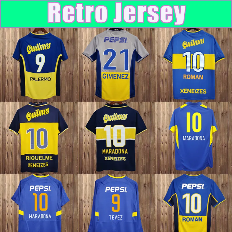 97 98 Boca Juniors Retro MARADONA CANIGGIA Футбольные майки 2001 ROMAN GIMENEZ RIQUELME PALERMO TEVEZ Home Away Football Shirt Uniforms