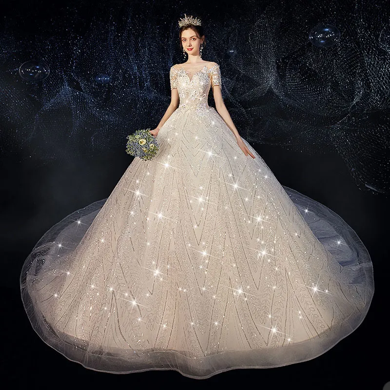 Brilliant Gown Wedding Dresses Jewel Short-Sleeve illusion bodice race Organza Sequins applique Vestidos De Novia