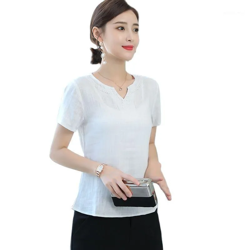 Women's T-Shirt 2022 Summer Cotton And Linen Tops Clothing Short-Sleeved Pure White V-neck Loose Slimming