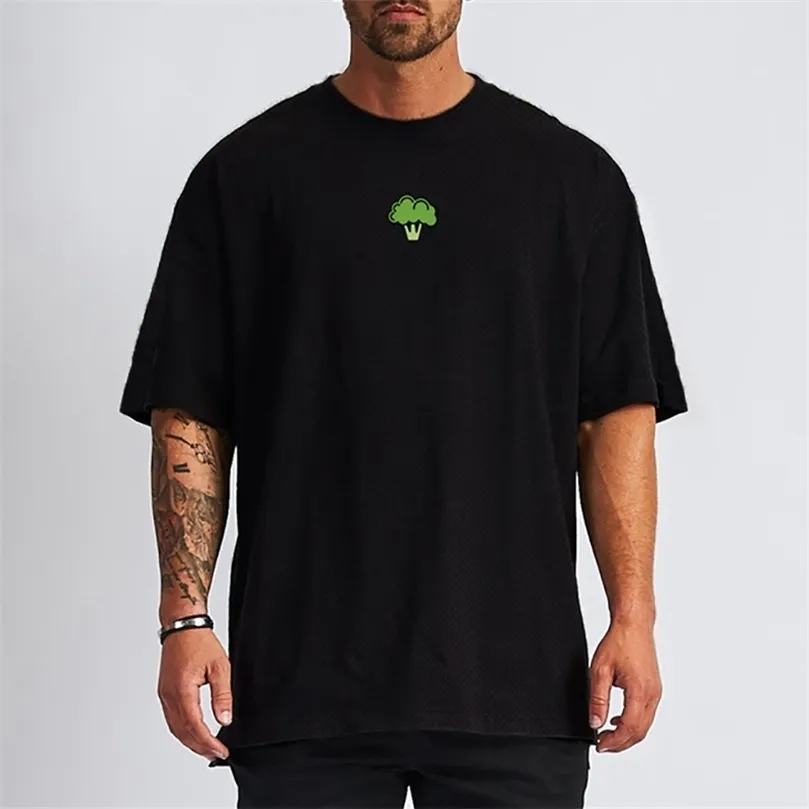 Vegetable Broccoli Design Gym Clothing Mesh Fitness Oversized T Shirt Mens Outdoor Hip Hop Streetwear Loose Half Sleeve Tshirt 220621