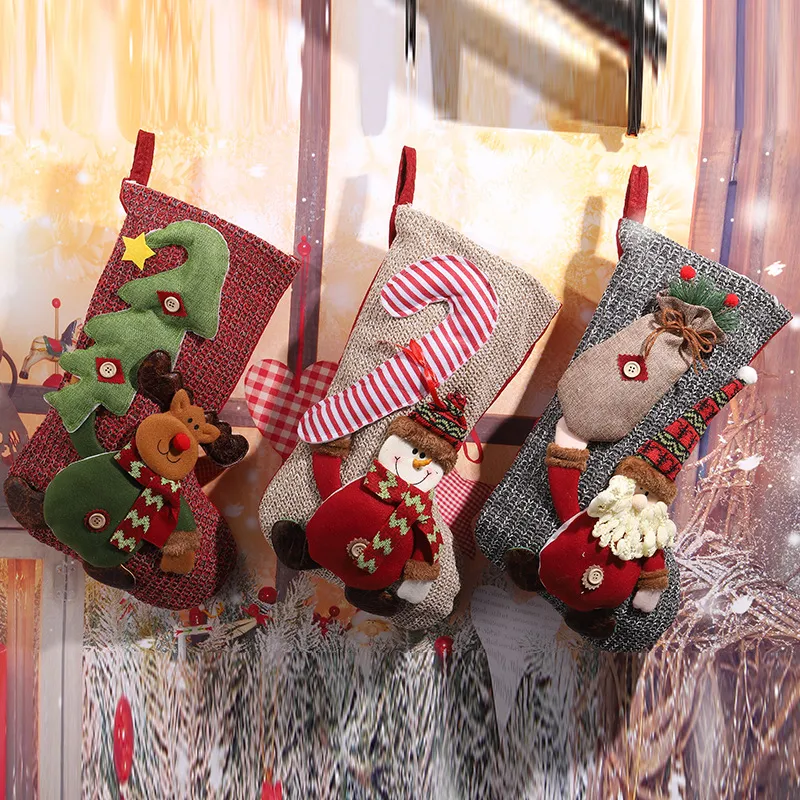 Large Christmas Stocking Gift Xmas Holiday Decoration 3D Vintage Socks Gift Collection Bag Santa Claus Snowman Elk