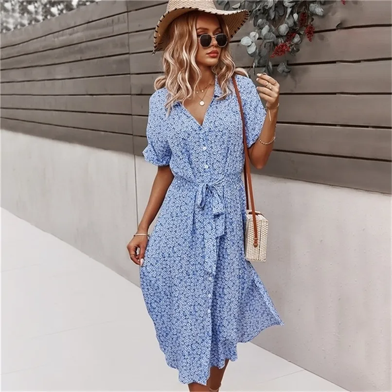 Femmes Robe florale été décontracté à manches courtes bouton vacances robes mi-longues femme col en v plage Boho Chic Robe élégante Robe 220621