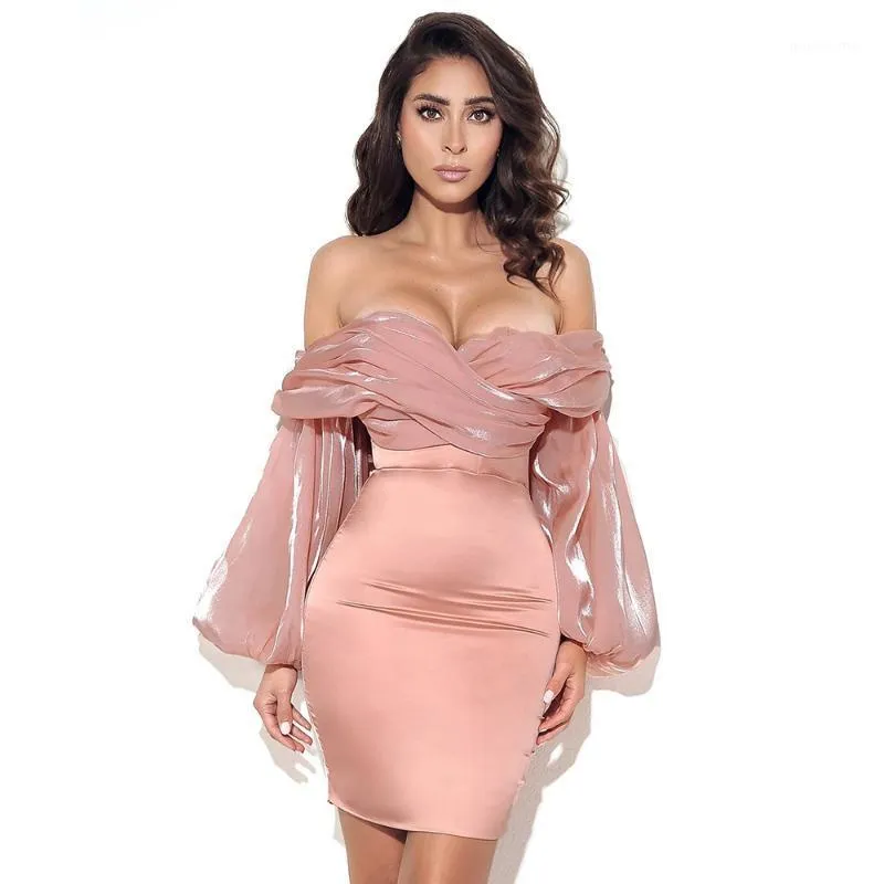 Casual Dresses Women Summer Sexy Long Sleeve Off Shoulder Ruffles Pink Mini Dress 2022 Designer Fashion Evening Party Club Vestido