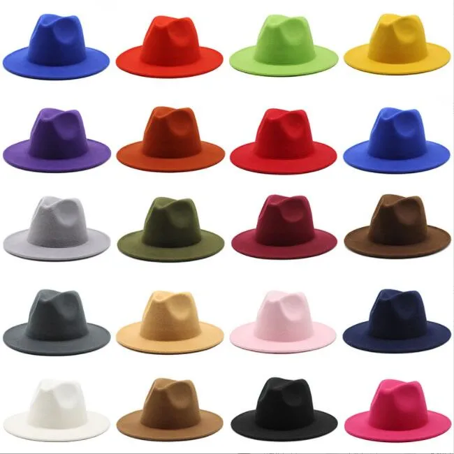 Filt Fedora hoeden Panama Cap Jazz Formele hoed Retro Wollen Lady Fashion Solid Candy Color Brede rand Caps unisex Trilby Chapeau voor mannen Vrouwen Fedorahat B50-2