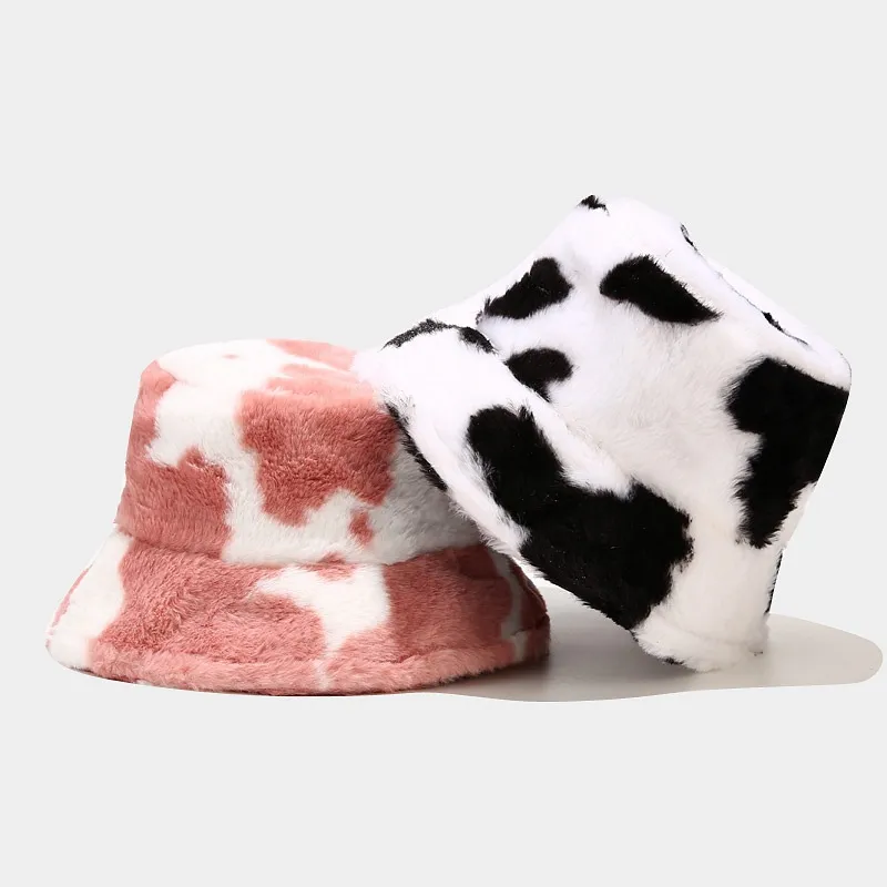 Chapeau seau à motif de vache noir et blanc, chapeau de soleil chaud en peluche, chapeau de bassin de loisirs de voyage, automne et hiver