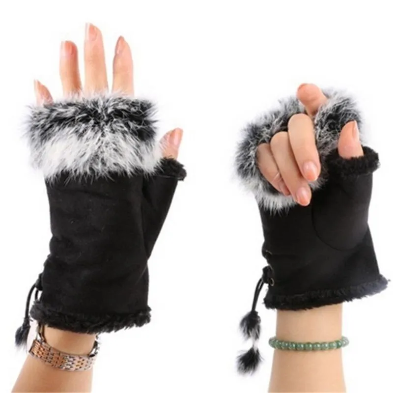 Fem fingrar handskar höst mode kvinnor vinter söt päls varma vantar halvfinger vantar kvinna