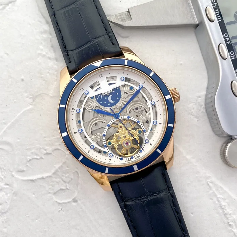 2023 Mens Watches Three ES Automatisch mechanisch horloge Hoogwaardige Europese topmerk Moon Phase Leather Riem Fashion AAA Watch Montre de Luxe Cadeau