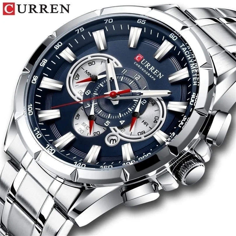 CURREN Casual Sport Chronograph Mens Watches Stainless Steel Band Wristwatch Big Dial Quartz Clock with Luminous Pointers 220530