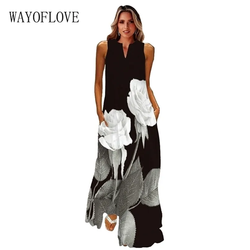 WAYOFLOVE Mouwloze zwarte jurk Zomerstrand Casual Elegant Ademend Lange jurken Vrouw V-hals Rozenprint Damesjurk 220531