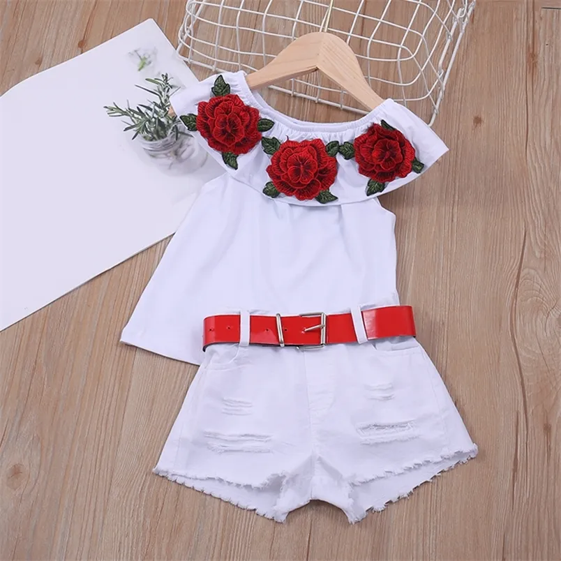 2 6y Roupas infantis para crianças roupas de menina conjuntos de verão OFF OFF OMBRO 3D ROSE FLOR ROSE CULTOL TOP SKIRT STIPT 220620