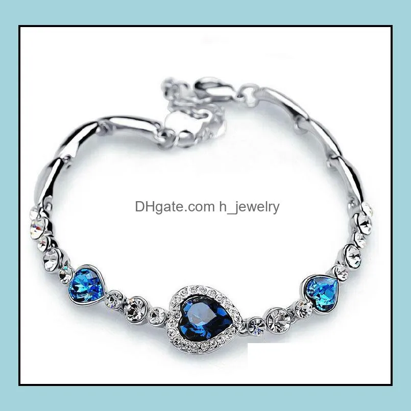 ocean blue bracelets sliver plated crystal rhinestone heart charm bracelet bangle gift jewelry charm bracelets hjewelry