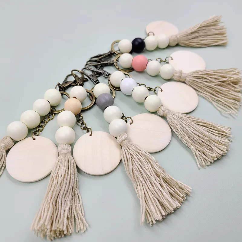 Bohemian Beaded Keychain Handmade Wood Chip Tassel Keyring, Car