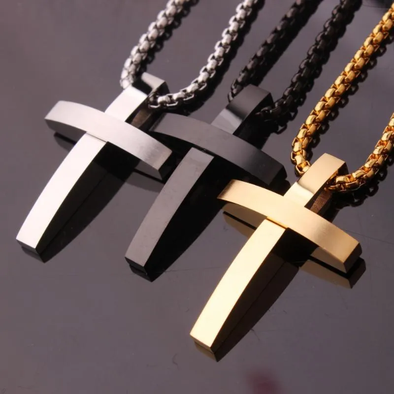 Pendant Necklaces 40mm 26mm Fashion Stainless Steel Silver Color/Black/Gold Cute Cross Men Women Necklace Box Chain 24" Birthday GiftPe