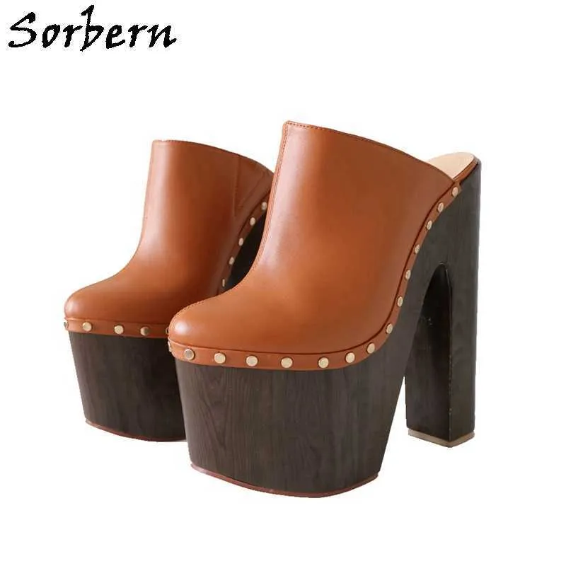 Sorbern Punk Brown Women Slippers Mules High Heels Gold Rivets Closed Toe Shoe Chunky Heeled Female Slides Custom Colors