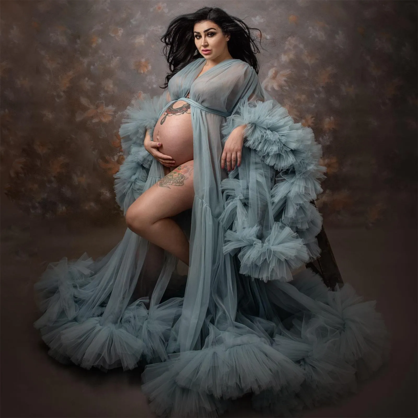 Plus Rozmiar Kobiet W Ciąży Prom Dresses Ruffled Maternity Szaty Zagwiąźnie Suknie Prysznic Baby Smoody