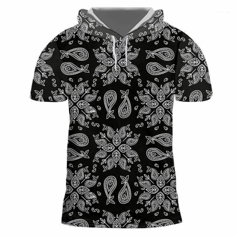 Men's T-Shirts Men 's Hooded Tshirt EU Size Black Paisley Bandana Pattern 3D Print Casual Short Sleeve Harajuku Shirts Summer Fashion Tops