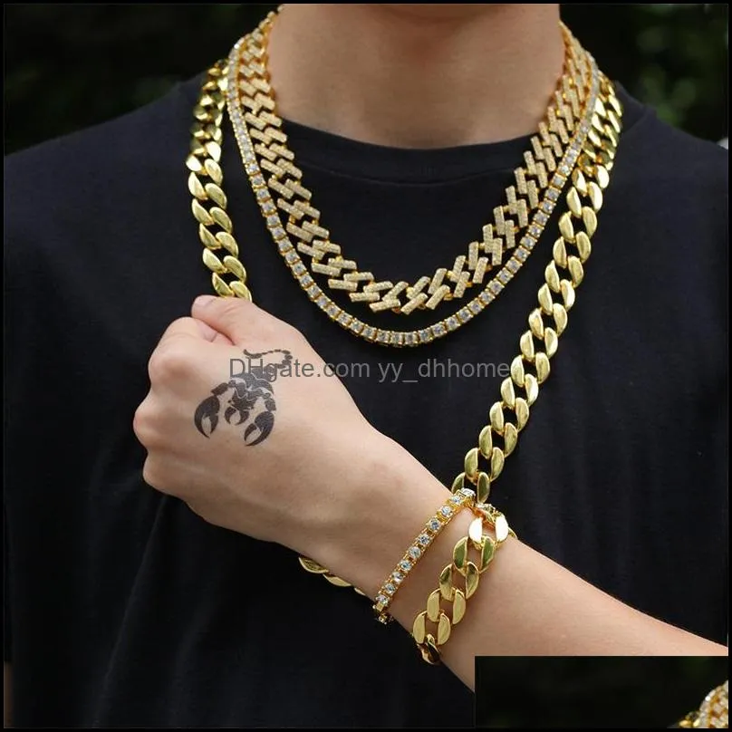 High Quality Yellow White Gold Plated Cuban Chain Necklace Bracelet Set for Men Cool Hip Hop Jewelry Gift 51 T2