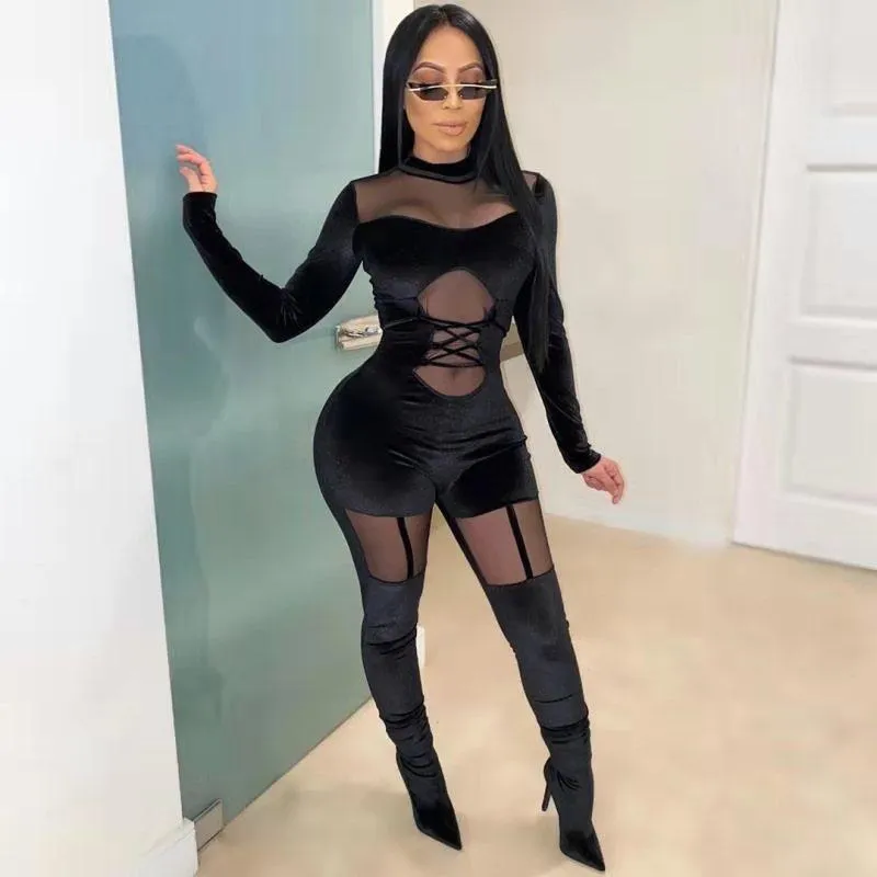 Women's Jumpsuits & Rompers Black Jumpsuit Velvet Mesh Patchwork Long Sleeve See Through 2022 Autumn Winter Hollow Out Bodycon Women Rompers