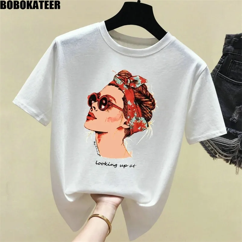 Yaz Beyaz 95 Pamuklu Tişört Kadın Üstler Kısa Kollu Siyah Giysiler Kadın Tshirt Desen Pembe Tee Gömlek Elastik Artı Boyut 2020 Y200722