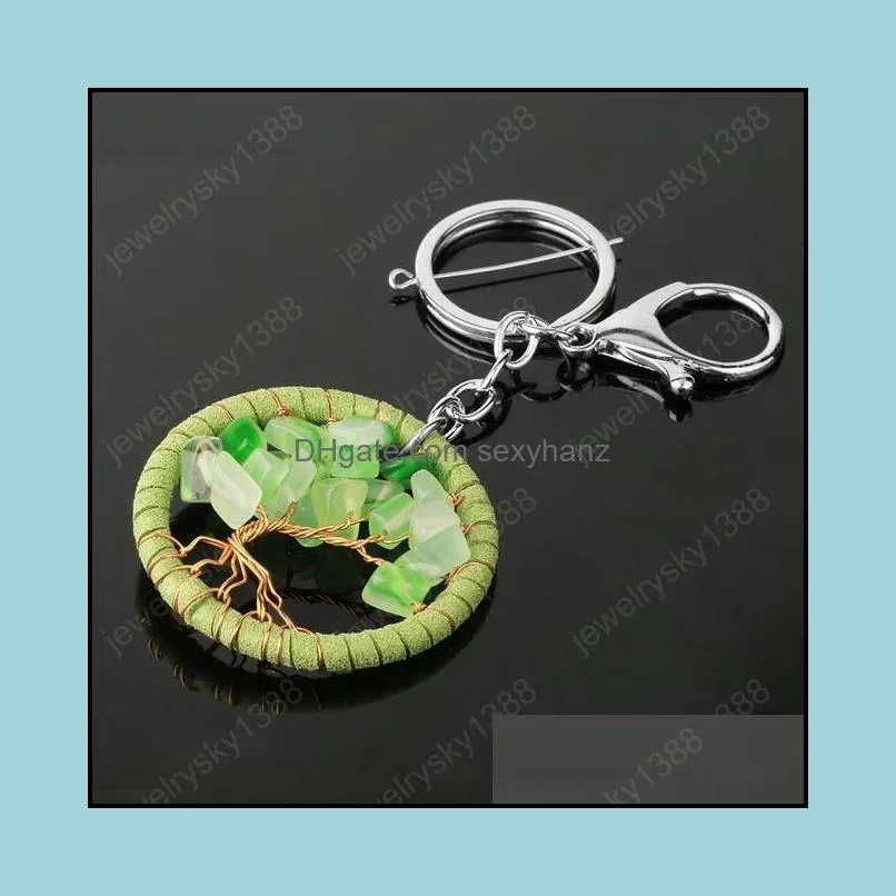 Round Keychains Natural Chip Stones Rose Gold Color Wire Wrap Life Tree Key Chain Decor for Car Bag Big Circle Keyring