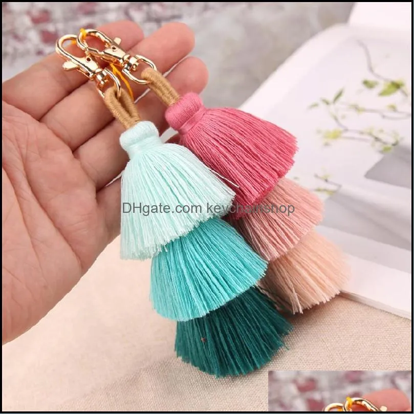 Keychains Three Layers Cotton Tassel Keychain Bohemian Boho Style Women Bag Pendant Mticolor Handmade Key Chain 10 Col Keychainshop Dhtfo