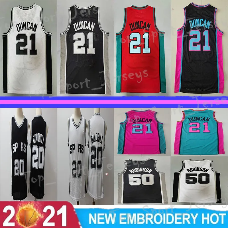 Hommes Basketball Tim Duncan Jersey 21 Manu Ginobili 20 David Robinson 50 Vintage Respirant Tous les maillots de basket cousus